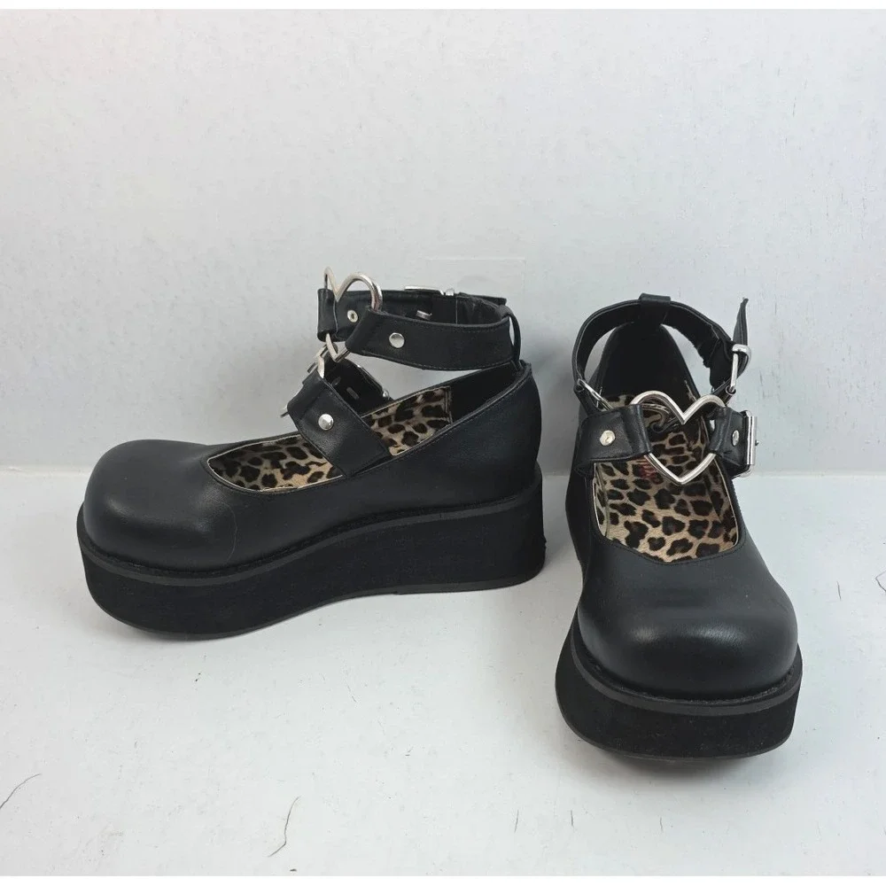 Demonia Sprite-02 Women's Size 8 Black Mary Janes Heart Buckles Platform Goth